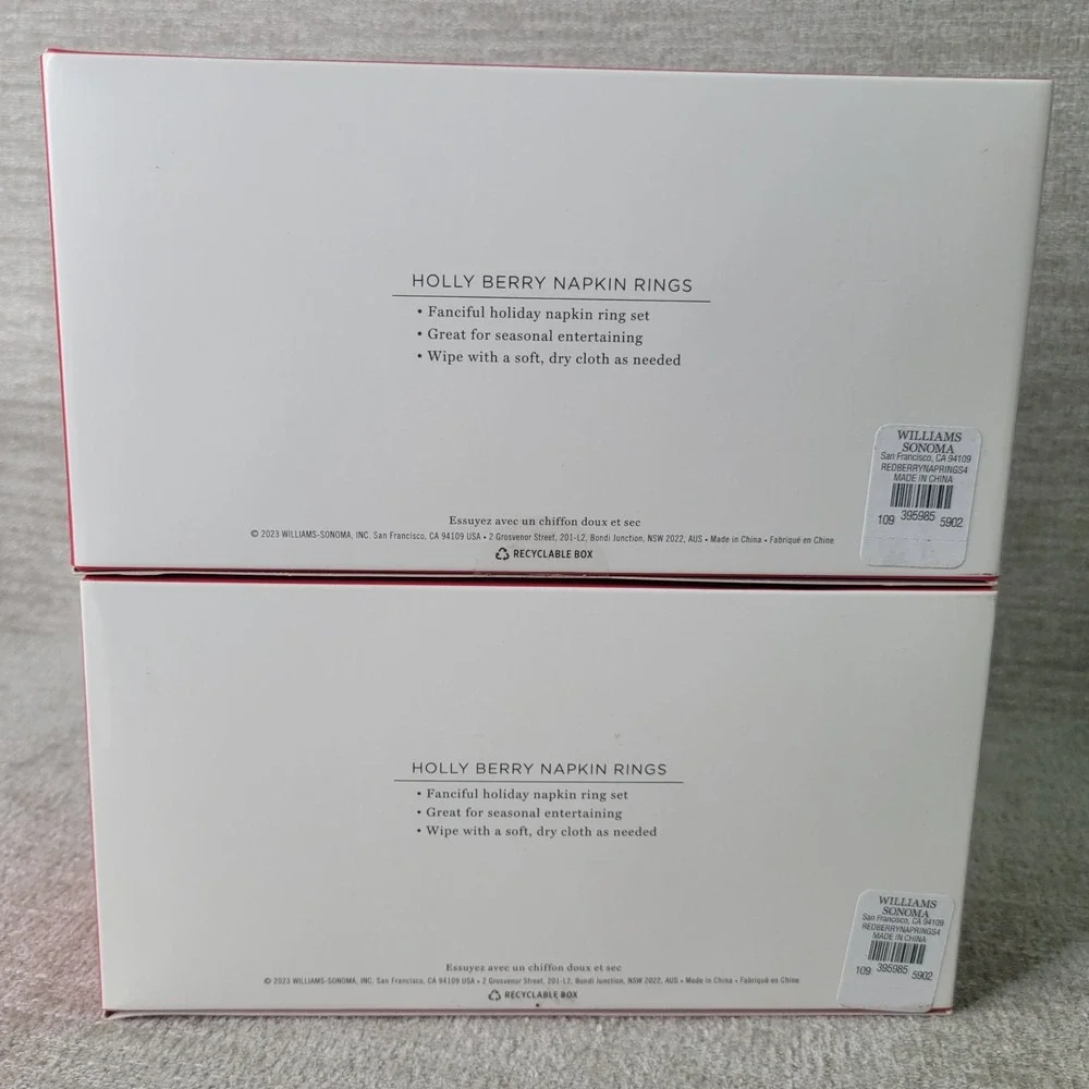 Williams Sonoma Holly Berry Napkin Rings Set of 8 Christmas Holiday Jute NEW